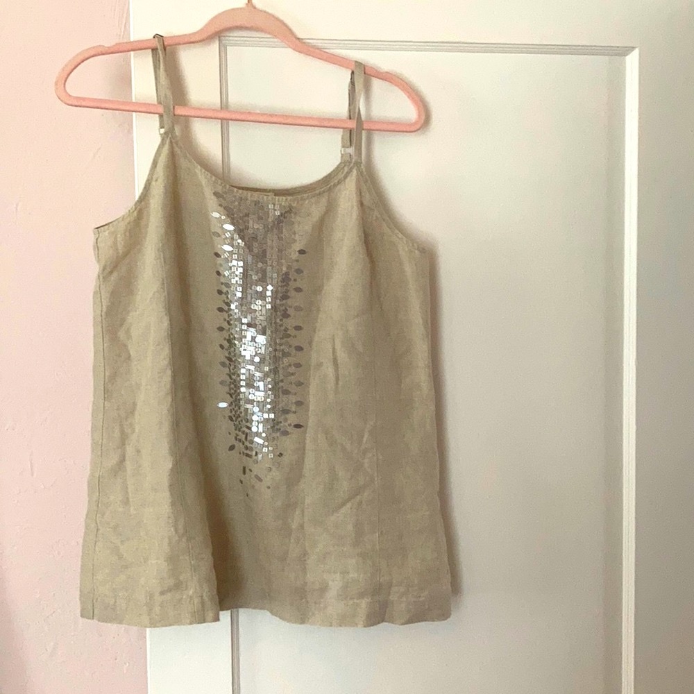 Eileen Fisher khaki organic cotton tank with shimmer sequins size PL